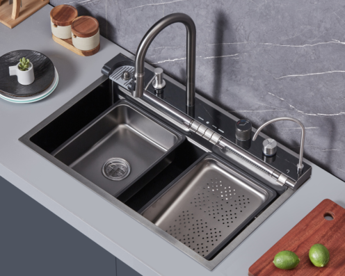 Multifunkční dřez s PVD Technologií, dvojitým vodopádem, digitálním ukazatelem teploty a LED osvětlením 75x46cm Illume